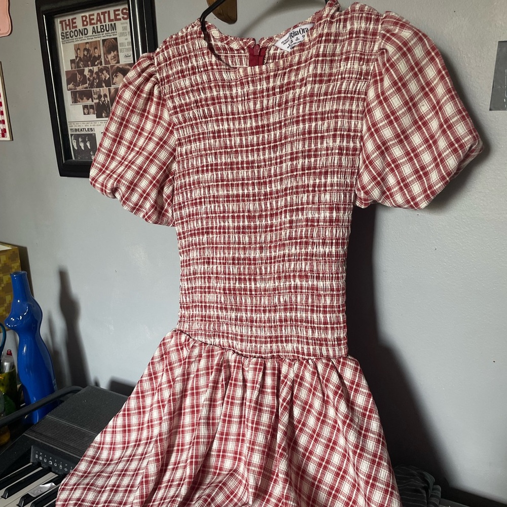 Red and white plaid mini bubble dress